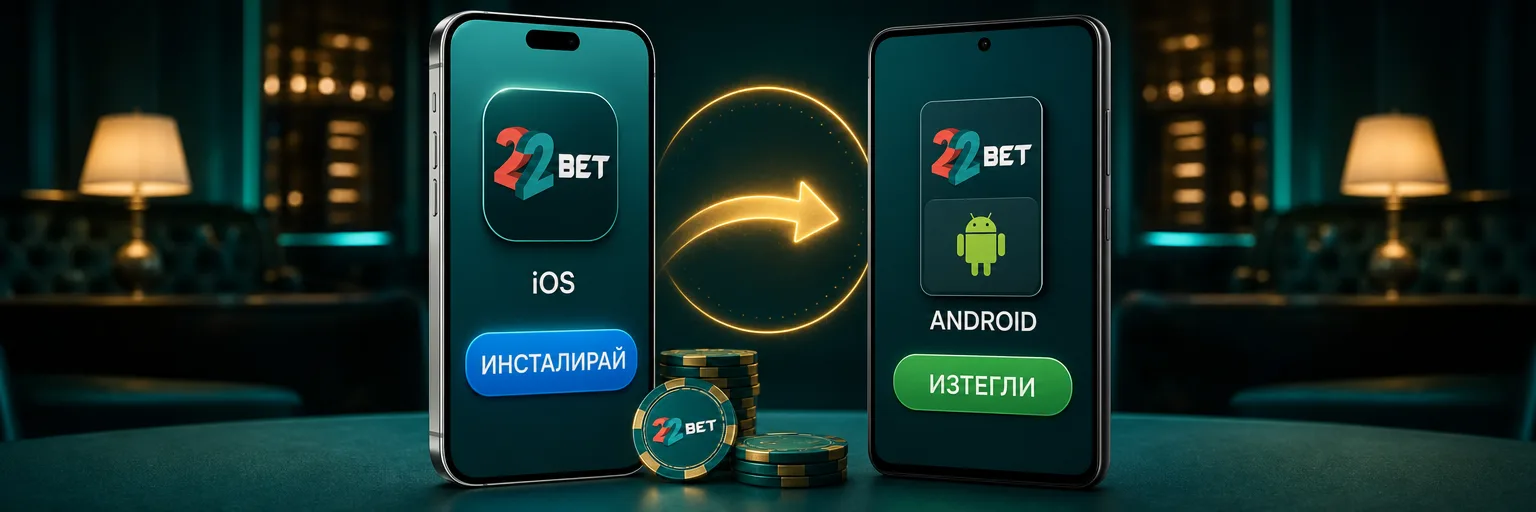 Приложението на 22Bet на iPhone, изтеглено от App Store, и на Android телефон, инсталирано от официалния APK файл