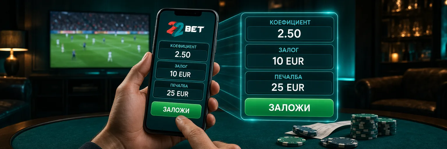 Фиш на 22Bet с коефициент, залог и възможна печалба
