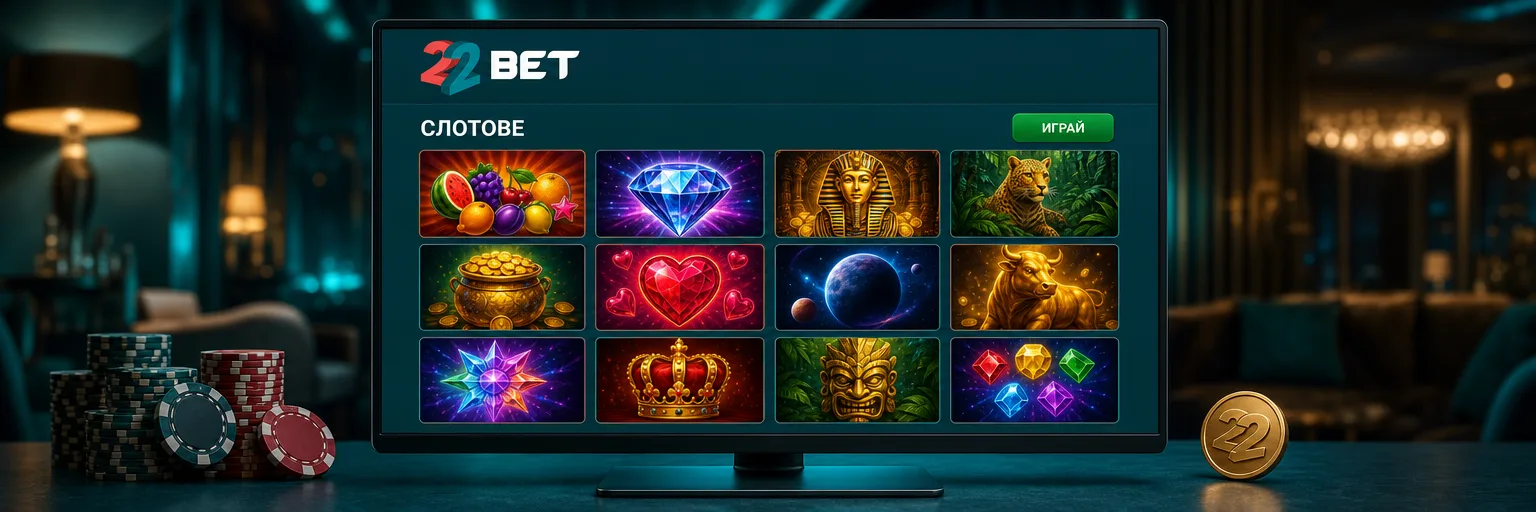 Лобито със слотове на 22Bet с плочки на игрите в решетка