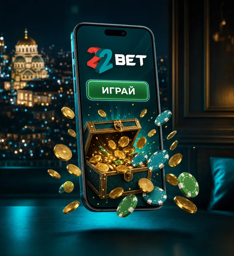 Приложението 22Bet на екрана на смартфон с отворен фиш за залог